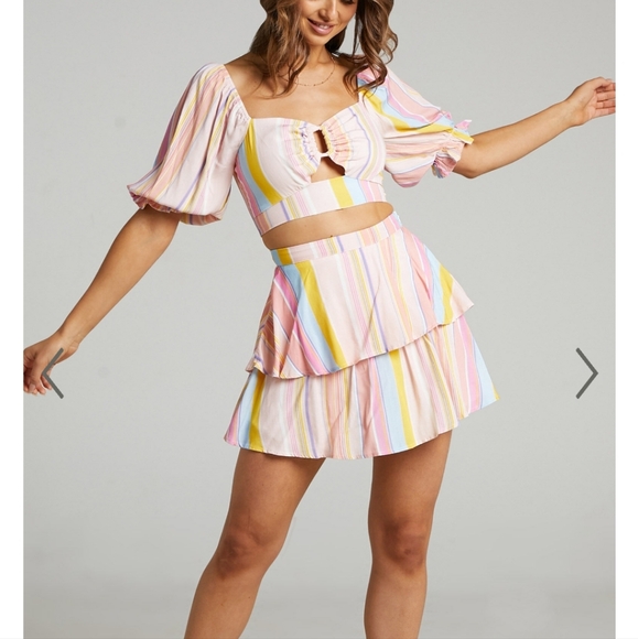 Showpo. Dresses & Skirts - Showpo Ressy Mini Skit Size 10 Khaia Keyhole Top Size 8 Multi Stripe Set